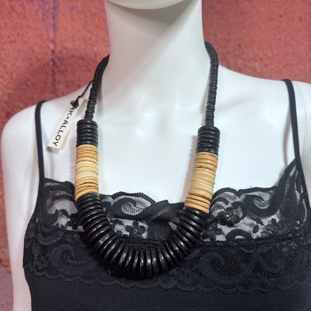 NWT Ink + Alloy Black and Tan Coconut Shell and African Brass Bead Necklace